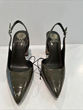 Vince CAMUTO Olive Half Block 4” Slingback Heels with Side Buckle.